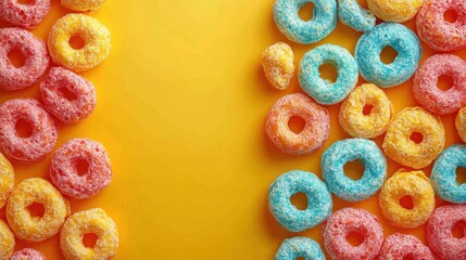 Colorful cereal rings on yellow background