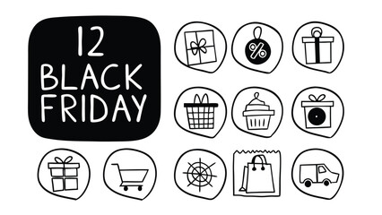 Black Friday Doodle Icons Set Hand Drawn Style Vector Illustration on transparent background generative AI