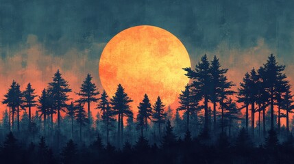 Forest at night, giant orange moon