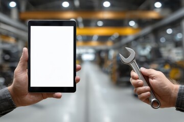 Unemployment Training Program concept. A person holding a tablet and a wrench in a workshop setting.