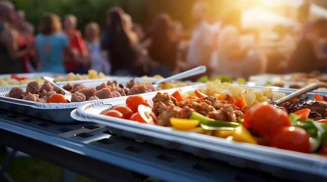 Delicious outdoor buffet featuring vibrant dishes, fresh vegetables, and juicy meats, perfect for gatherings and celebrations.