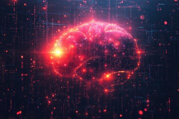 Digital brain, glowing red