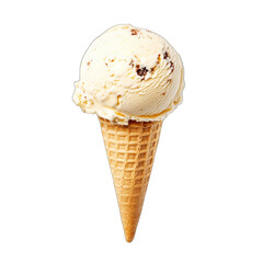 A single scoop of creamy, light-brown ice cream with chocolate chips sits atop a crisp, waffle-cone