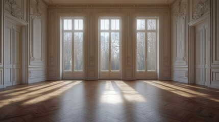 Grand, sunlit room with ornate panelling and tall windows