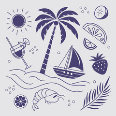 Delightful tropical icon set featuring cocktails, coconuts, boats, and palm trees in a hand-drawn style. Seamless summer vacation elements for branding, fashion, and coastal design projects.

