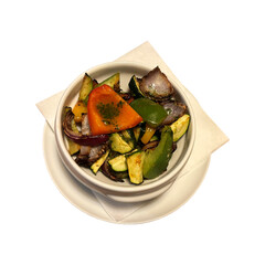 Grilled vegetables in white bowl and plate, healthy organic side dish full of vitamins, restaurant...