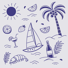 Playful summer vacation illustration with palm trees, tropical fruits, drinks, and boats. Hand-drawn coastal elements in a trendy seamless design perfect for branding, packaging, and decor.


