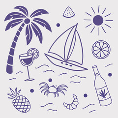Playful hand-drawn tropical vacation scene with sailing boats, palm leaves, and fruits. Whimsical and trendy summer icon set in outline style for illustration, branding, and web use.

