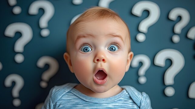 Surprised baby surrounded by question marks