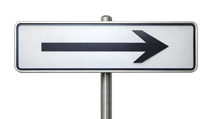 Photo of a white directional sign with a black arrow points right isolated on transparent background