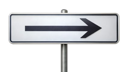 Photo of a white directional sign with a black arrow points right isolated on transparent background