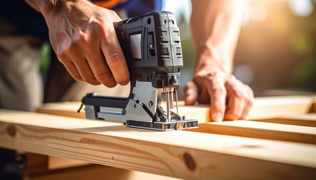 Close-Up Carpenter Using Power Jigsaw On Wooden Plank - Powered by Adobe