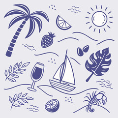 Fun and festive tropical seamless pattern featuring cocktails, sailing boats, palm leaves, and fruits. Playful hand-drawn vacation elements in outline style for summer-themed design projects.

