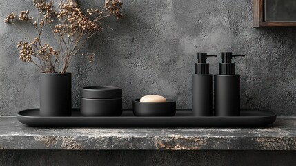 Black bathroom accessories set on gray tray
