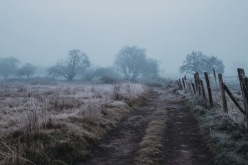 Obraz premium Misty Path Through the Frozen Field