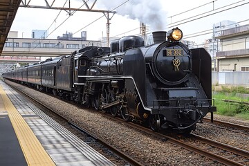 Obraz premium Steam Train at Station Vintage Locomotive with Passenger Cars and Glowing Headlight Awaits Departure