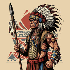 Obraz premium Native American Warrior with Spear Illustration