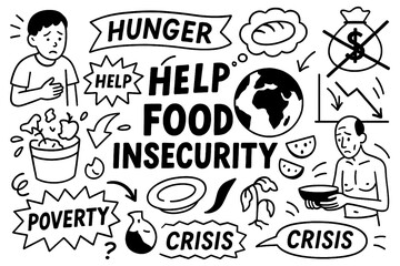 Food insecurity crisis illustration with hunger, poverty, and help icons, Transparent Background