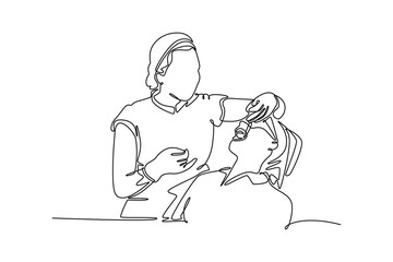 Obraz premium A female dentist with a young girl patient. Medical concept. Single line draw design. Vector graphic illustration