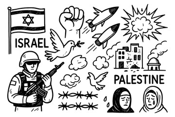 Terrorism conflict symbols in bold black doodle style, Transparent Background