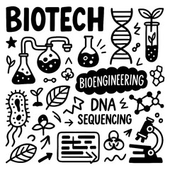 Biotechnology science icons with microscope, gene, and petri dish, Transparent Background