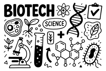 Biotechnology science icons with microscope, gene, and petri dish, Transparent Background
