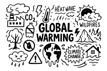 Global warming and climate change awareness doodles in hand drawn style, Transparent Background