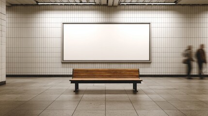 An empty wooden bench sits on a subway platform with blurred figures in the background, creating an urban scene