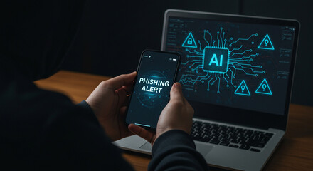 A "Phishing Alert" on a smartphone screen, complemented by AI brain and security symbols on a laptop.