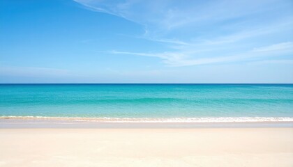 Fototapeta premium summer vacation beach tropical sunrise minimalist horizon. Vast, tranquil beach scene with clear blue water under a bright sky, creating a serene and inviting atmosphere.