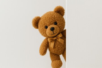 Obraz premium Cute Teddy Bear Playfully Peeking from Wall Minimal Clean Background Childhood Innocence Adorable Composition With Space For Text