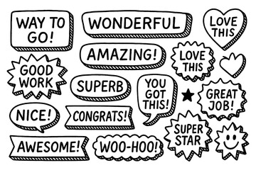 Hand drawn positive message doodles with phrases like bravo, great, and awesome, Transparent Background