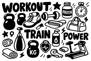 Workout and fitness equipment in energetic hand-drawn style, Transparent Background