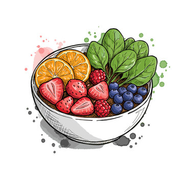 Fruit bowl with strawberries, oranges, blueberries, and spinach  