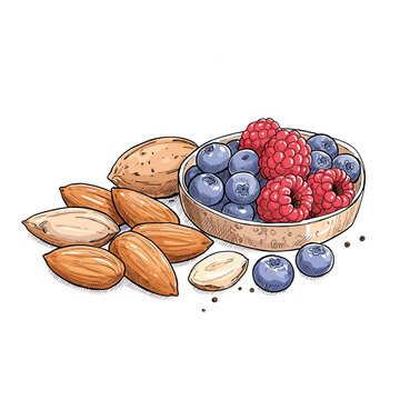 Mixed berries and almonds in a bowl on white background  