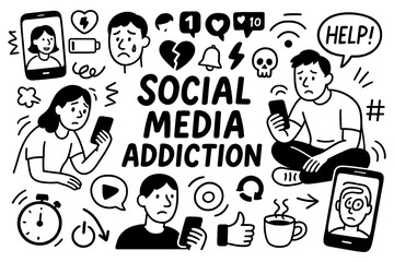 Social Media Addiction Doodle Set – Smartphone Dependency, Anxiety, Depression, Notifications, and Digital Overuse – Black and White Comic Style – Transparent Background