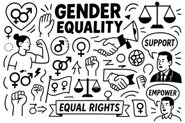Gender equality concept with feminist icons, hand-drawn symbols, and inclusive empowerment doodles, Transparent Background