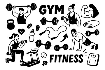 Workout and fitness equipment in energetic hand-drawn style, Transparent Background