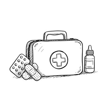 Medical first aid kit with bandages, pills, and liquid medicine  