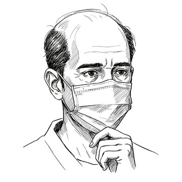 屋内で思慮深く考えながらマスクを身に着けている中年の男,Middle-aged man wearing mask while thinking thoughtfully indoors