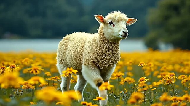 Sheep grazing in a field of yellow flowers on a sunny day in spring countryside
