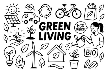 Green Living, Eco lifestyle doodles promoting sustainability and zero waste, Transparent Background
