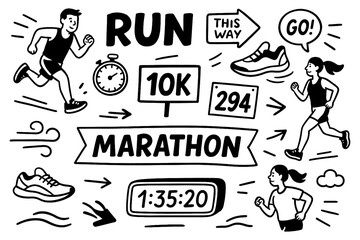 Running and marathon training icons with sporty doodle style, Transparent Background