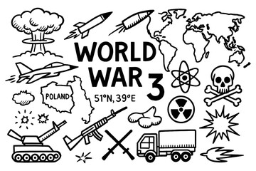 World War III Doodle Set – Nuclear Conflict, Global Tension, Missiles, AI Warfare, Economy Collapse, and Military Elements – Black and White War Icon Collection – Transparent Background