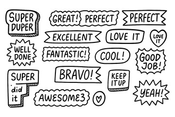 Fototapeta premium Hand drawn positive message doodles with phrases like bravo, great, and awesome, Transparent Background
