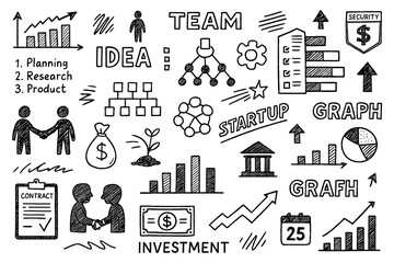 Startup and business strategy icon set with charts, handshake, graphs, and investment elements, Transparent Background