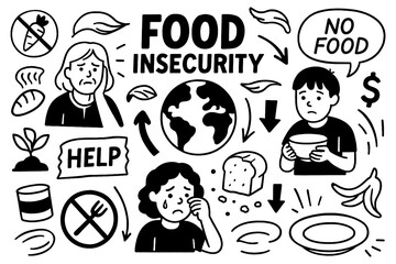 Food insecurity illustration set with emotional characters, empty food elements, and hunger crisis symbols, Transparent Background
