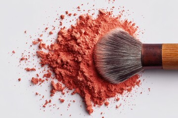 High-angle view of makeup brush and coral powder, soft minimal styling
