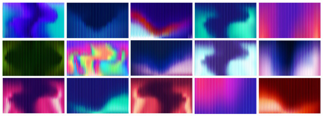 Glass gradient fractal background with neon light effect and ribbed pattern. Abstract vertical design in vibrant purple and green color spectrum. Modern geometric prism with chromatic aberration.