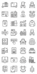 Obraz premium Ultimate Backpacking Trip Guidebooks set of web icons in line style. backpacking guidebook, travel guide, budget travel book and backpacking tips. Vector illustration